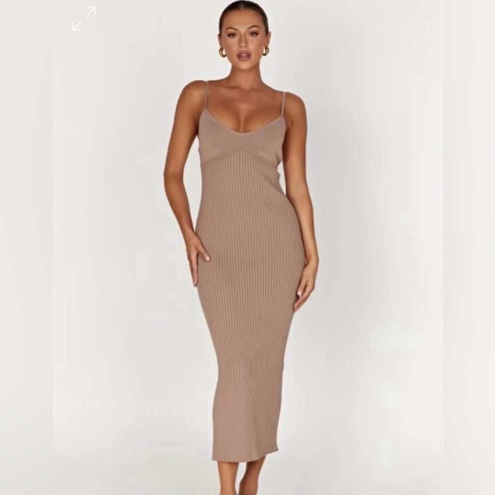 Meshki Avalon Backless Knit Midi Dress - Taupe Brown XXS